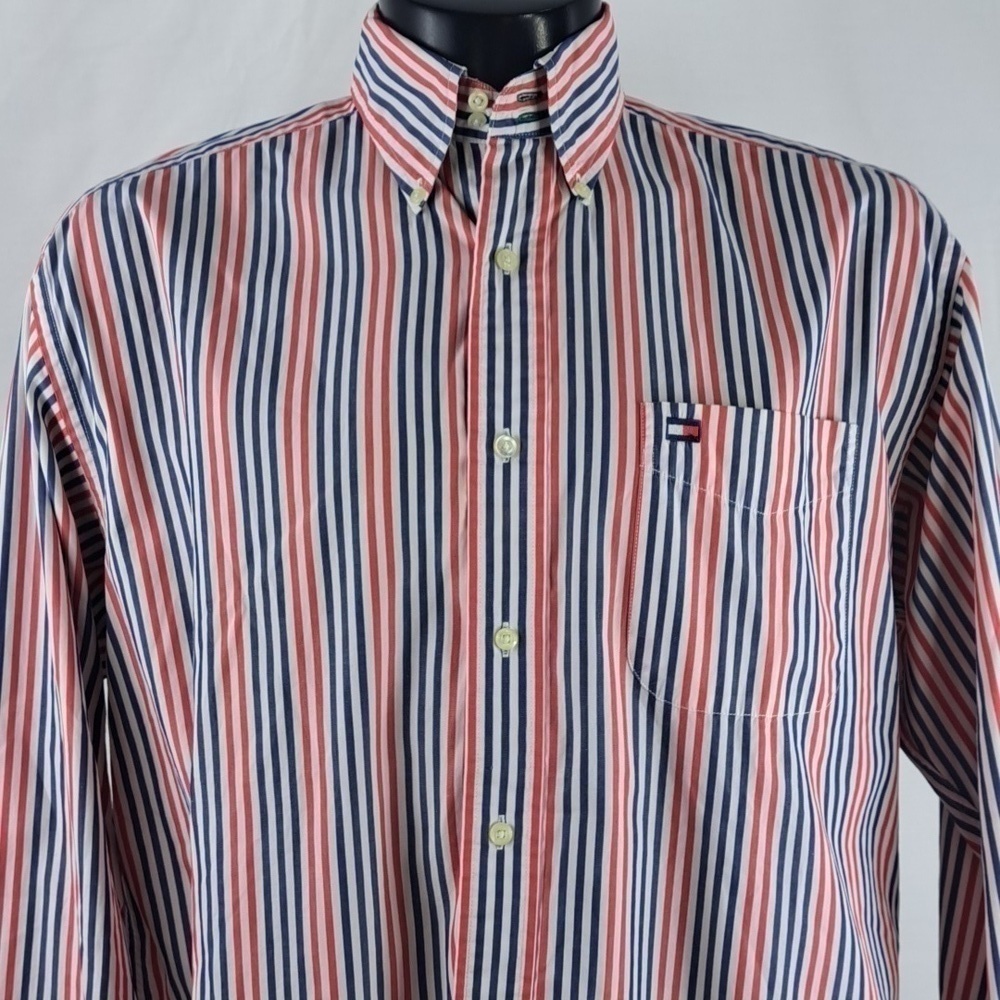Vintage Tommy Hilfiger Crest logo vertical stripes casual med button-up shirt